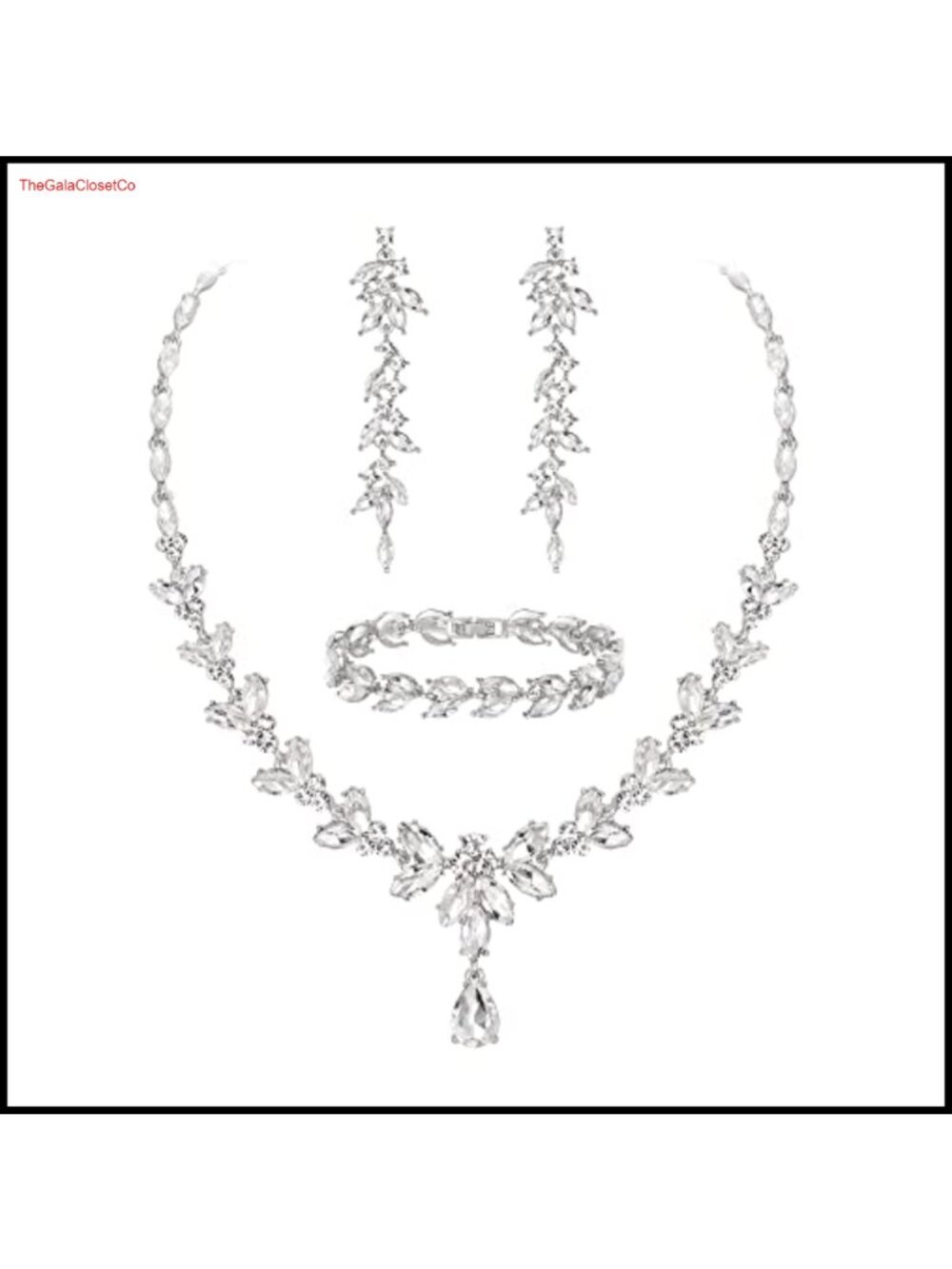 Crystal Leaf Bridal Prom Jewelry Set Necklace Bracelet Earrings